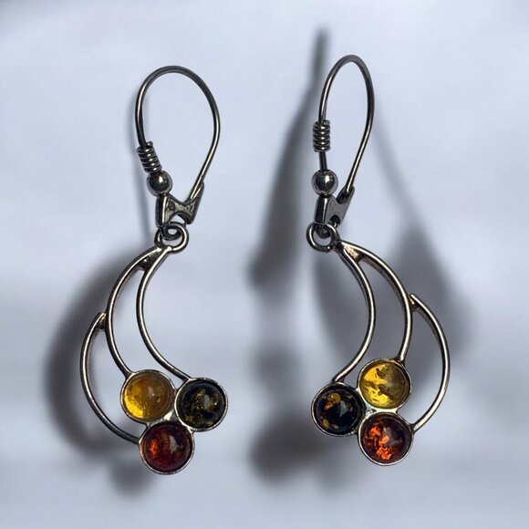 Amber Dangle Earrings With Sterling Silver Hooks & Multicolor Gemstones - Picture 1 of 8